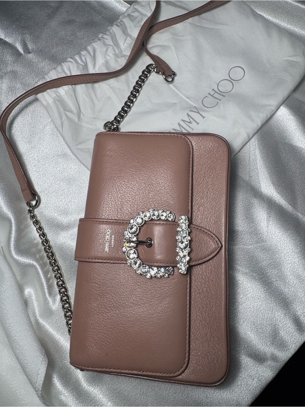 Jimmy Choo Dusty Pink Leather Crossbody Bag with Crystal Buckle